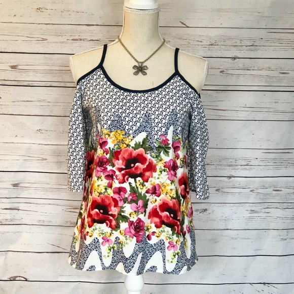 3 for $30 • Navy and Floral Cold Shoulder Blouse - Picture 3 of 8